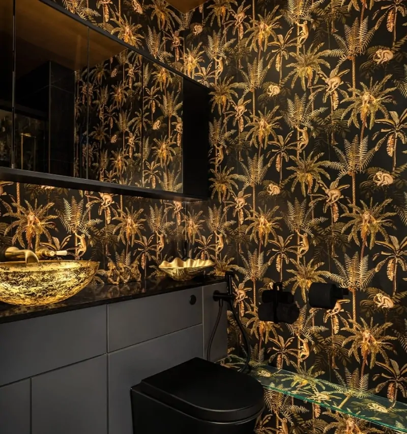 Dramatic Shower Room with Statement Gold Fittings