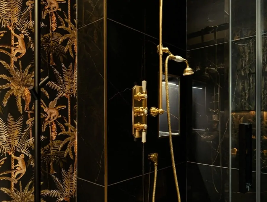 Dramatic Shower Room with Statement Gold Fittings