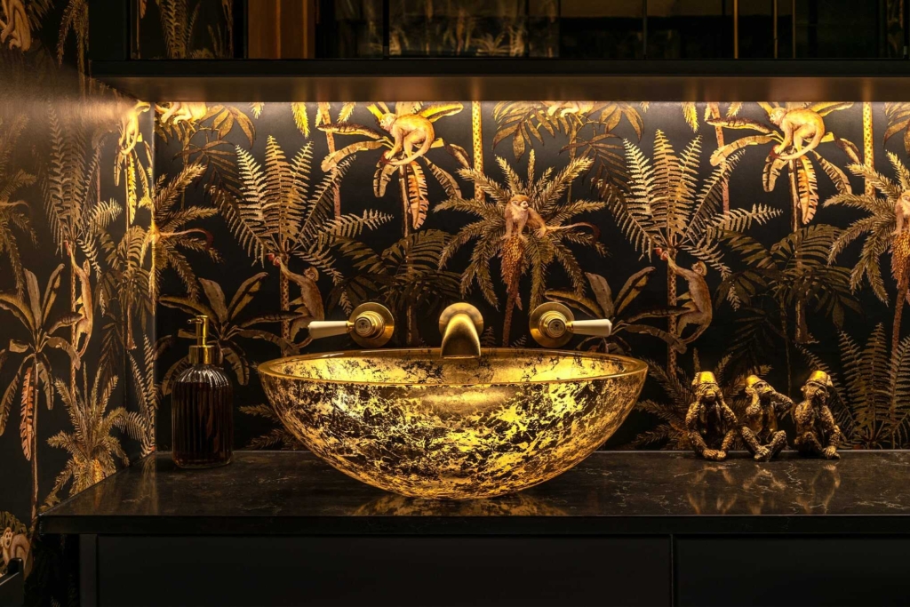 Dramatic Shower Room with Statement Gold Fittings
