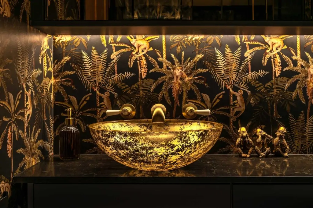Dramatic Shower Room with Statement Gold Fittings