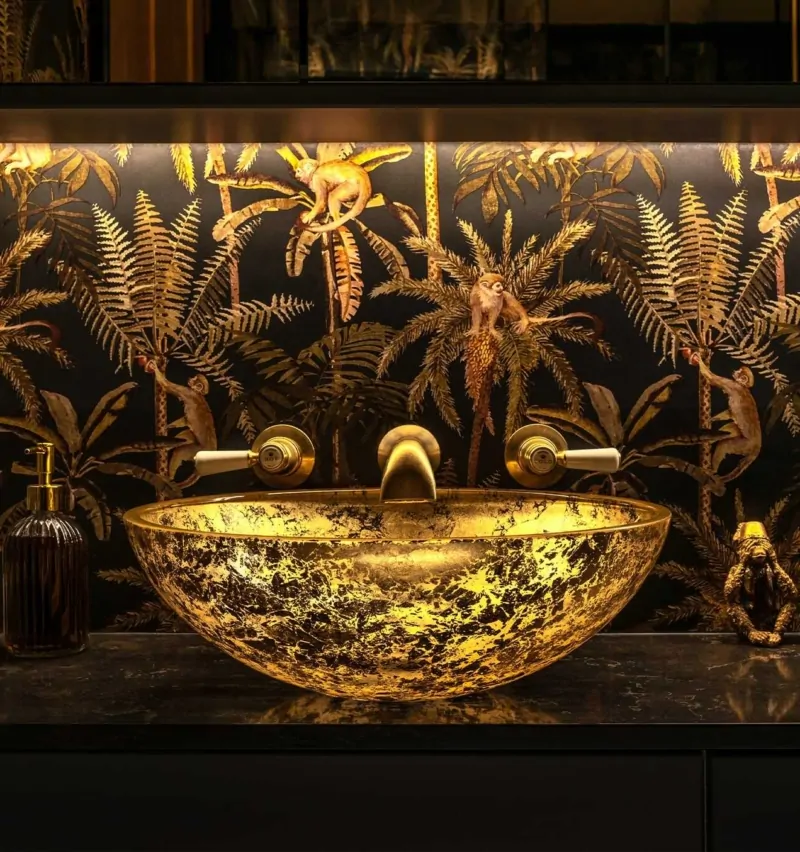 Dramatic Shower Room with Statement Gold Fittings