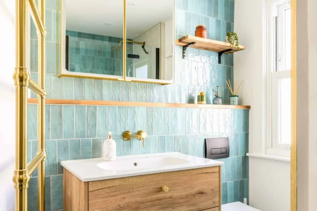 Contemporary bathroom with freestanding bathtub and wood accents