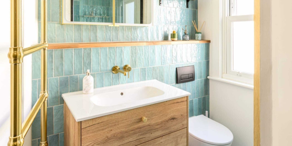 Luxury bathroom with freestanding tub and marble accents.