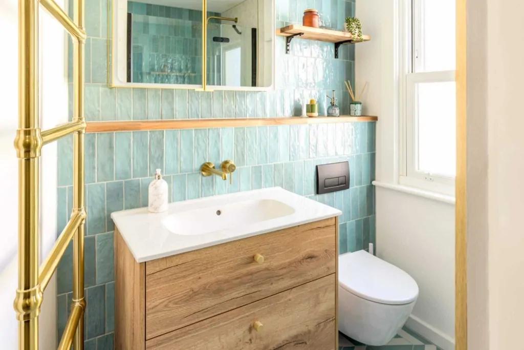 Luxury bathroom with freestanding tub and marble accents.