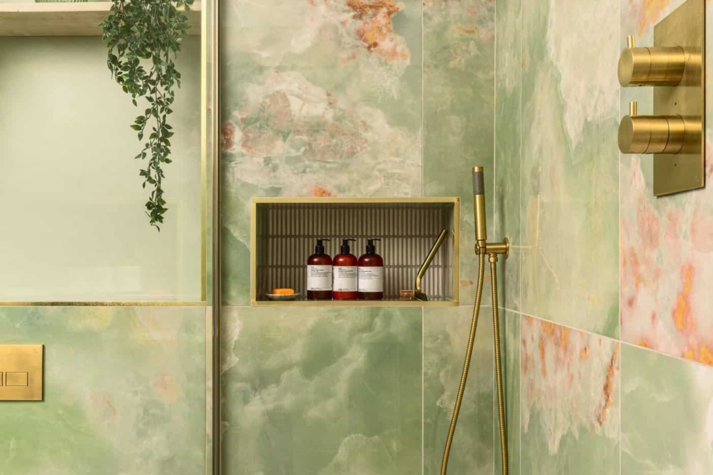 Elegant bathroom with freestanding bathtub and modern vanity unit