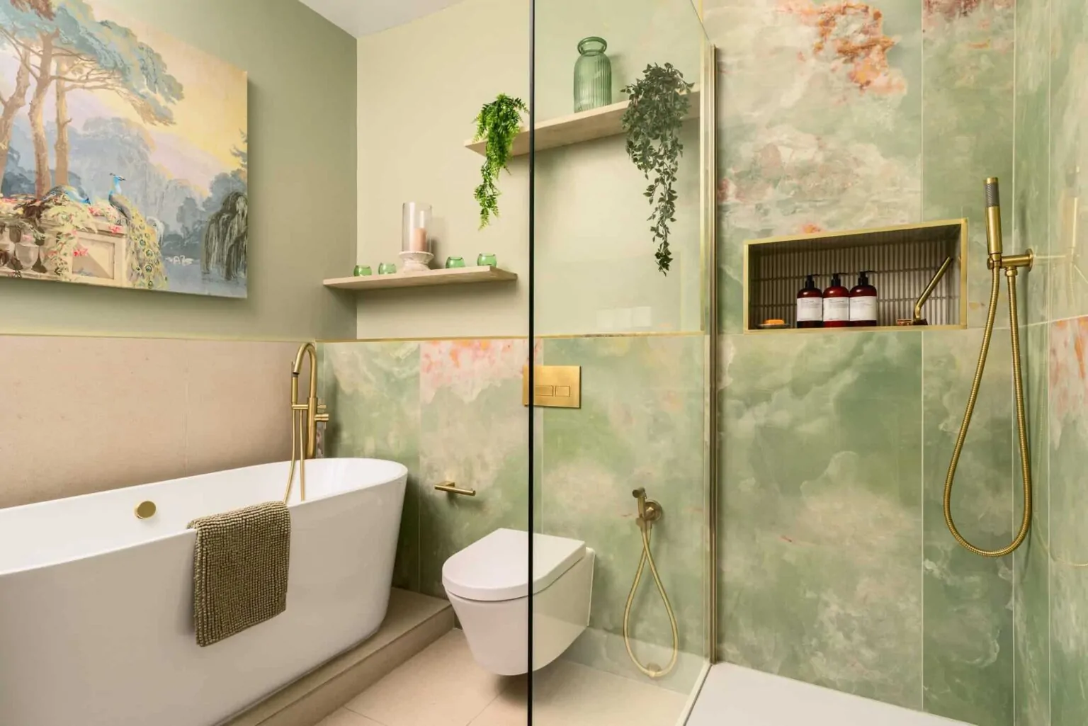 Contemporary bathroom with freestanding bathtub and wall-mounted sink unit