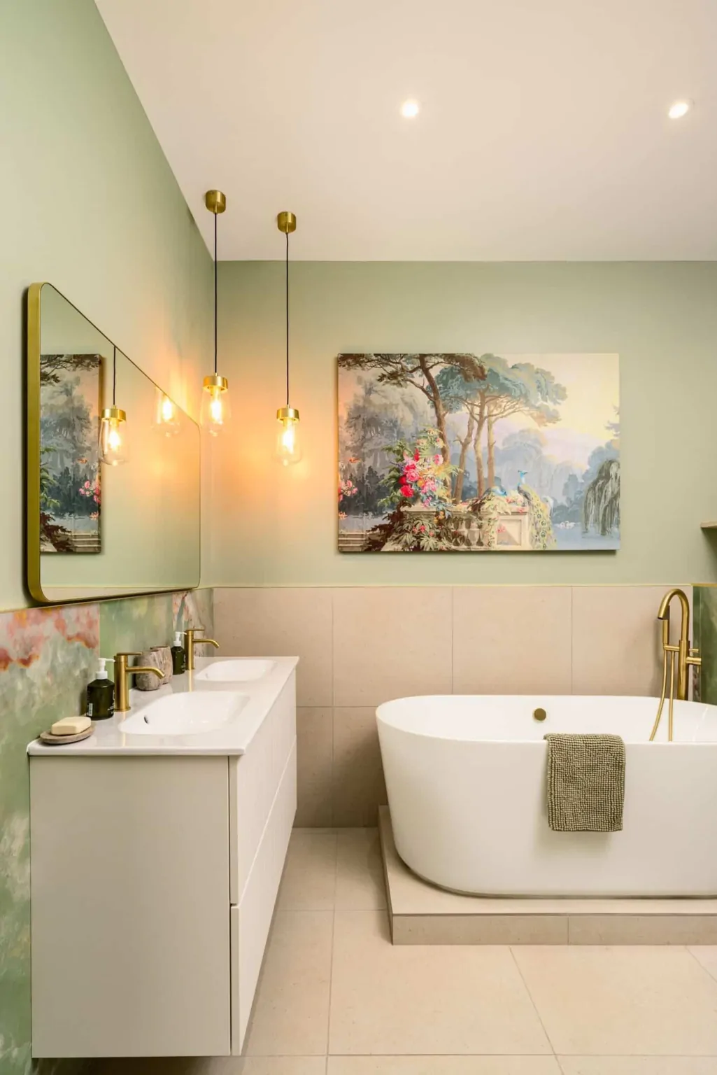Elegant bathroom with freestanding bathtub and gold fixtures by Pier1 Bathrooms.