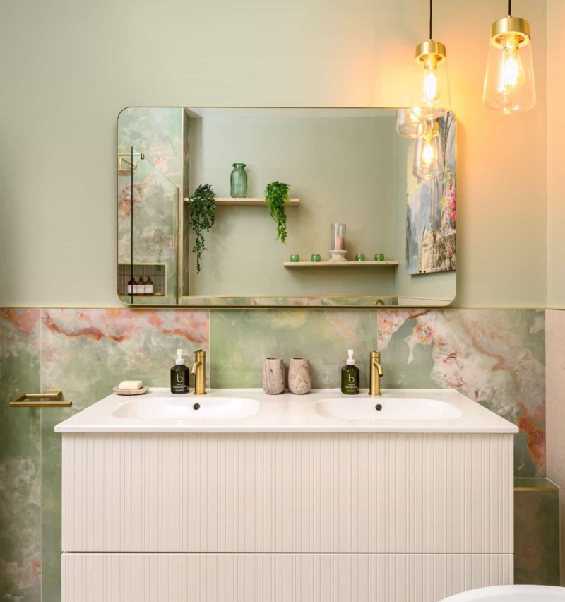 Luxury bathroom with freestanding tub and modern vanity unit.