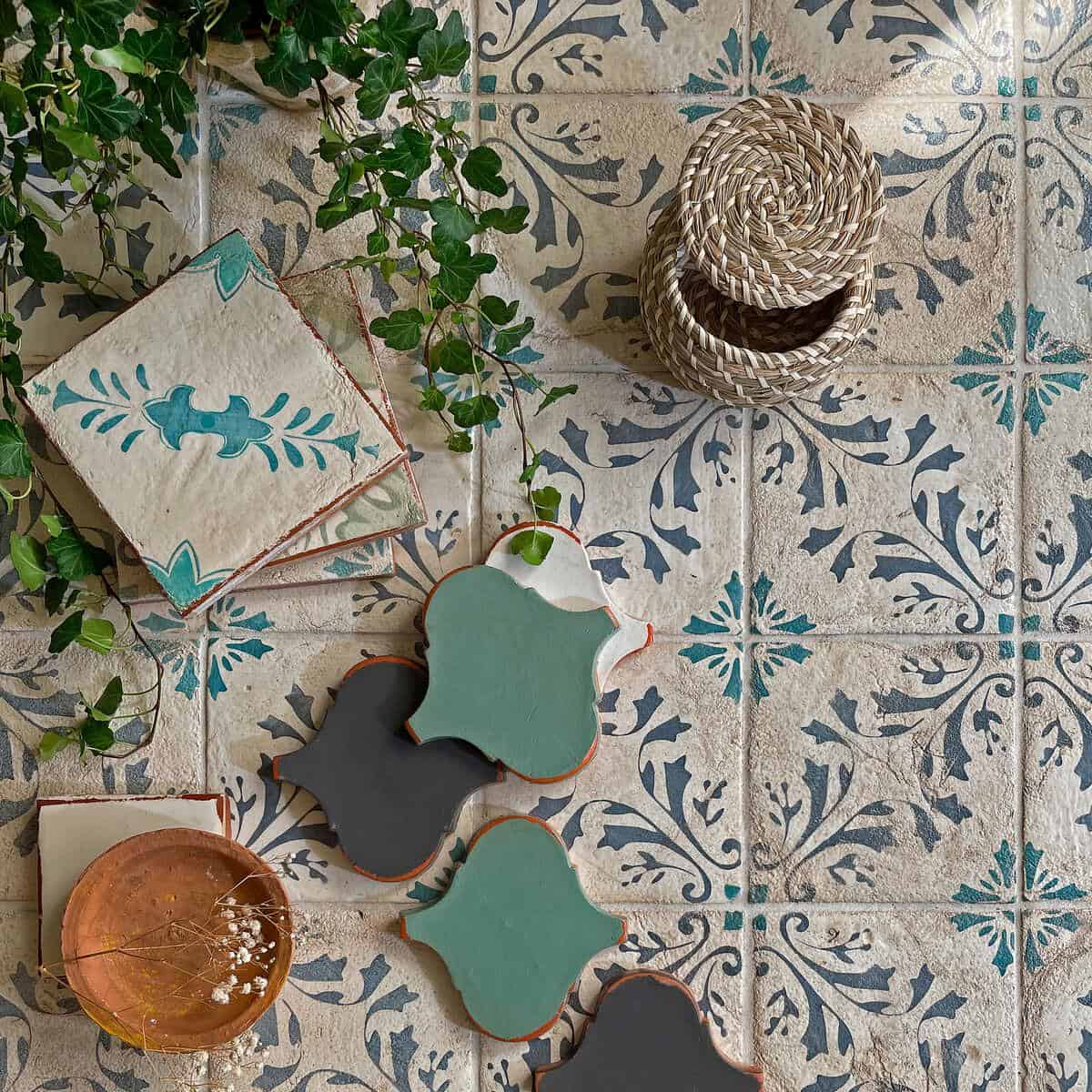 Fired Earth showroom Sussex display featuring decorative patterned tiles