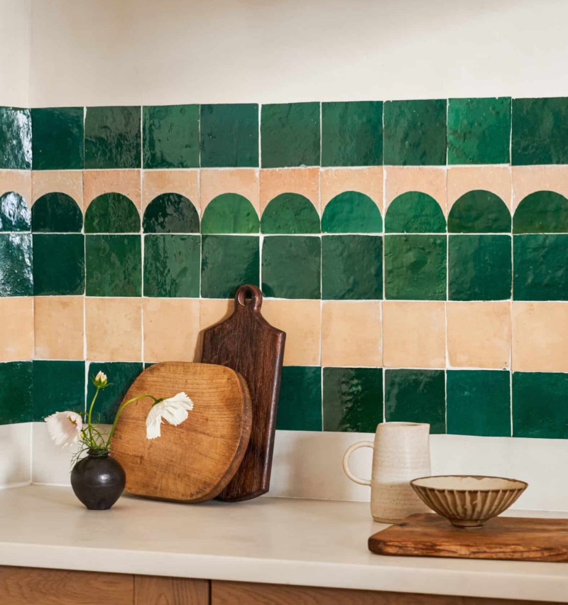 Green and cream Zellige Medina decorative wall tiles