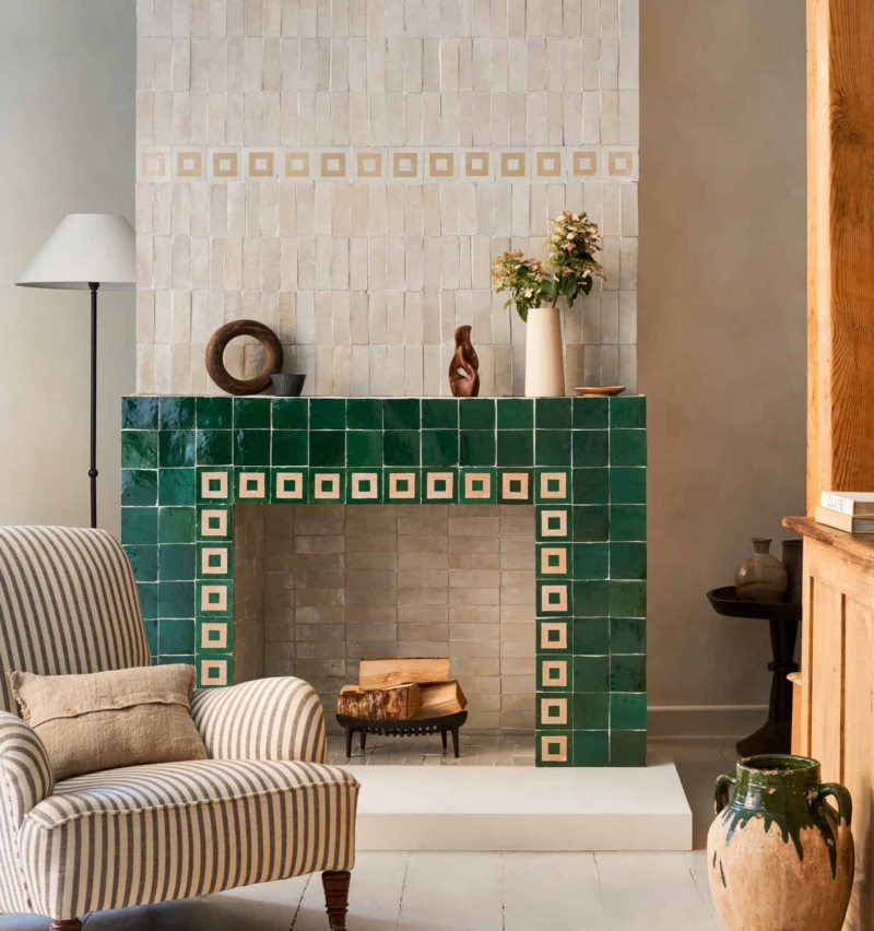Green and neutral Zellige Medina tiles with decorative bathroom styling