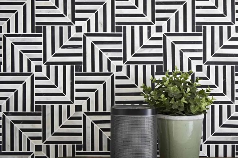 Black and white geometric Chequers Court patterned wall tiles