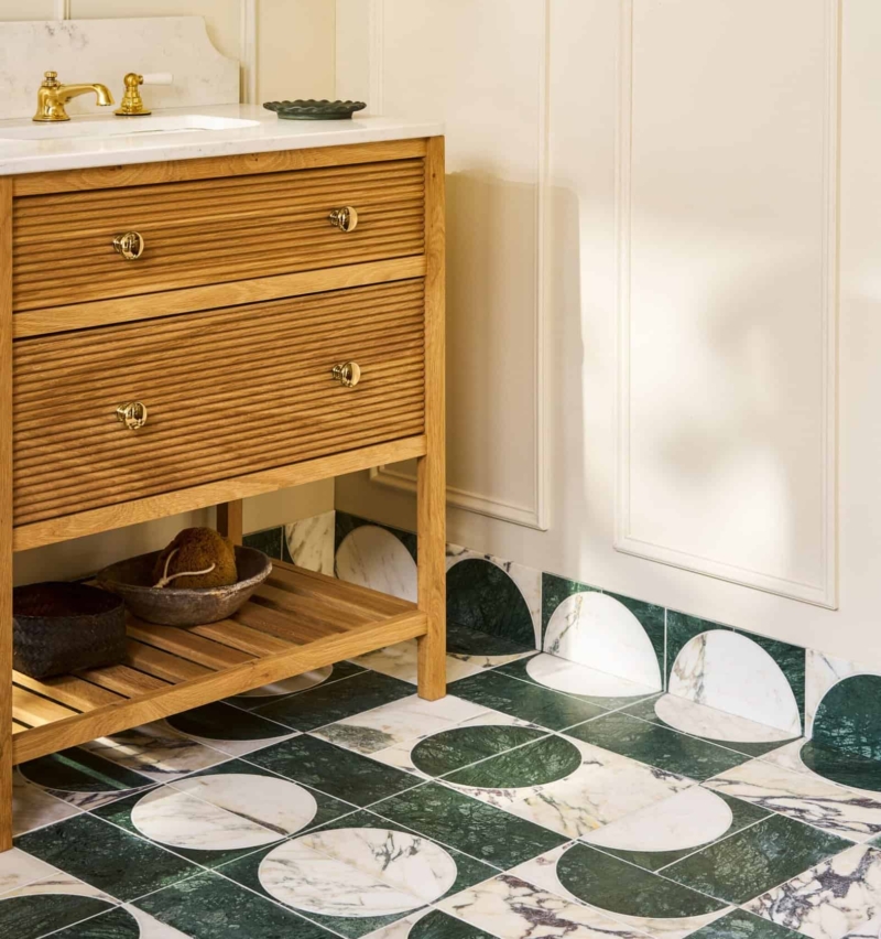 Monet Luna patterned tile behind a traditional timber bathroom vanity