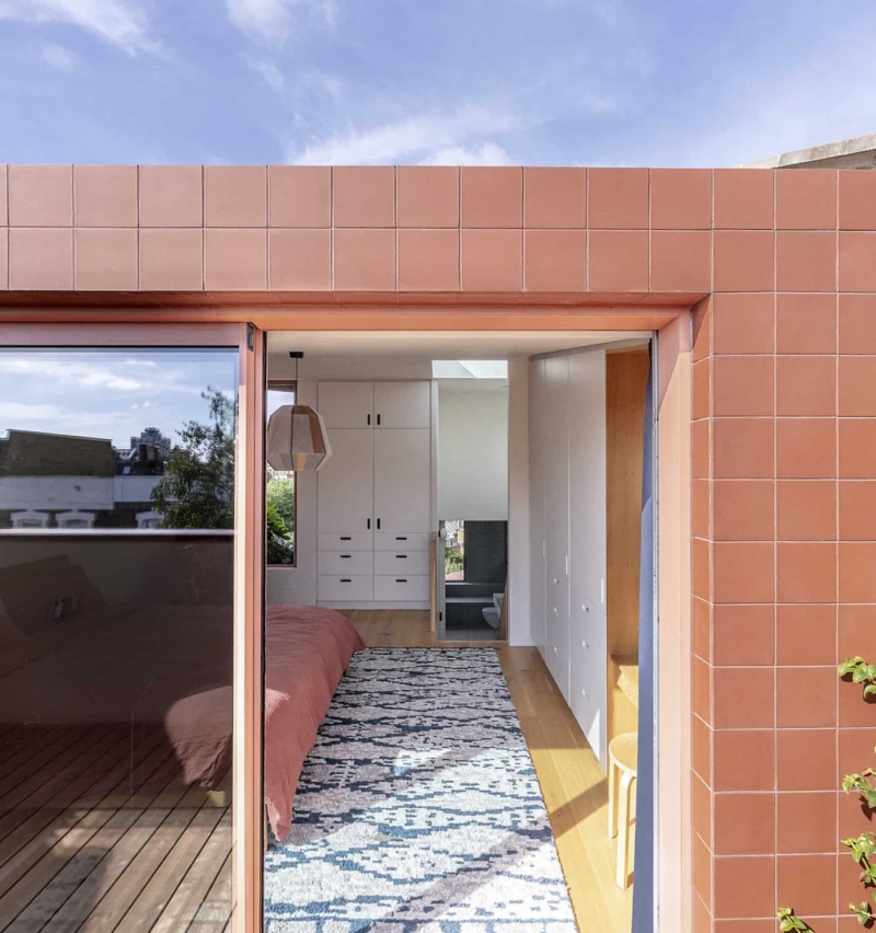 Quarry red tile finish used in a contemporary interior