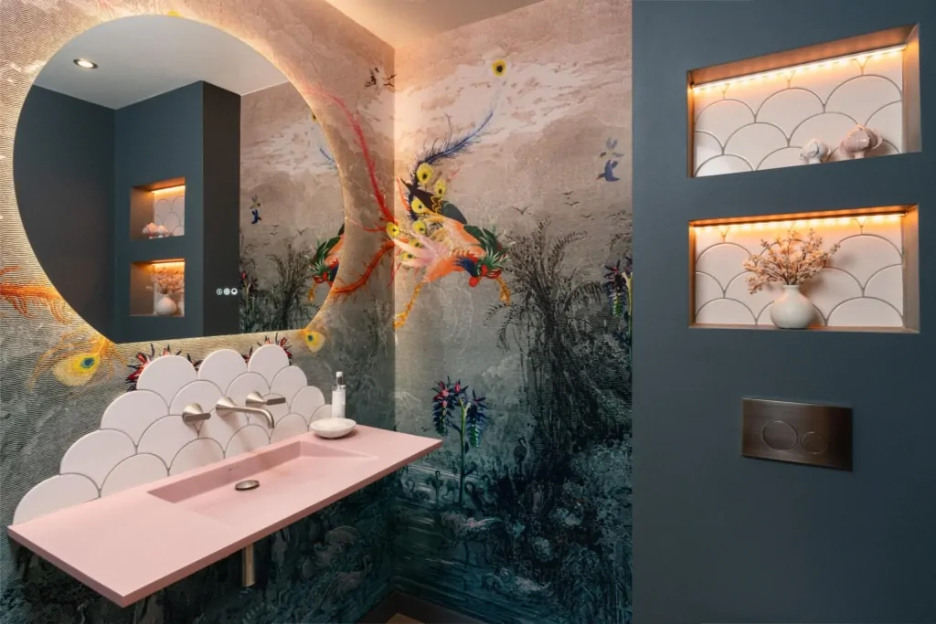 Statement bathroom wall design with floral artwork and contemporary vanity