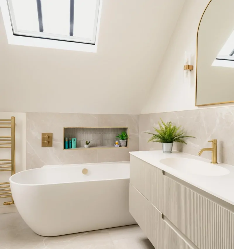 Neutral contemporary bathroom with skylight, storage and recessed display shelf