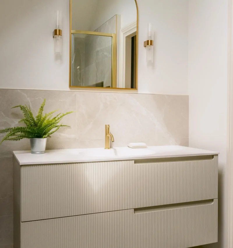 Contemporary bathroom vanity with mirror, basin and neutral finishes