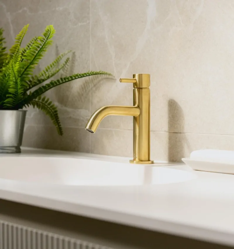 Brushed brass bathroom tap with decorative greenery and neutral stone finish