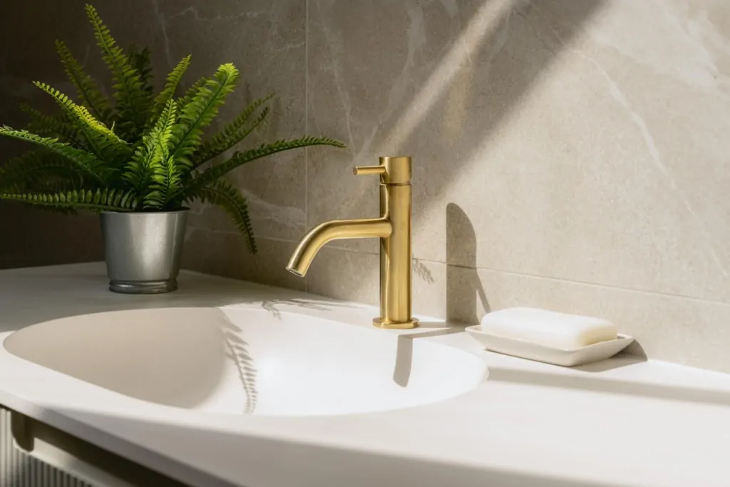 Brushed brass basin tap with greenery in a neutral luxury bathroom