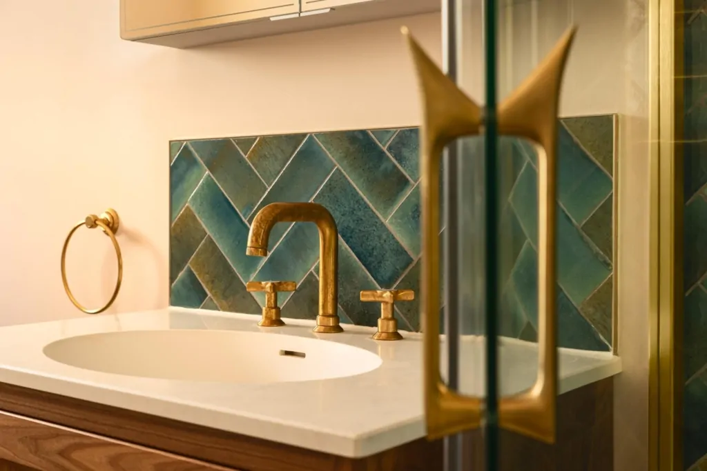 Brushed brass bathroom fitting against dark green herringbone tiles