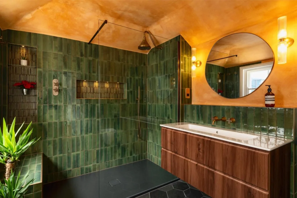Luxury bathroom with dark green tiles, timber vanity and warm copper ceiling