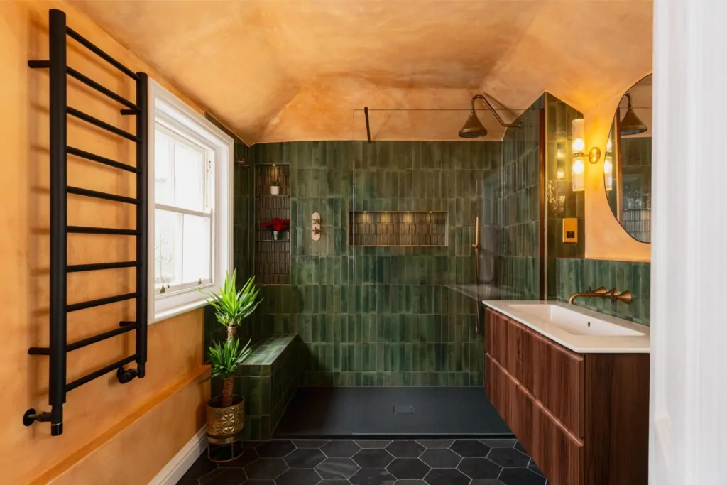 Bespoke green tiled bathroom with vanity, bath and warm metallic finishes