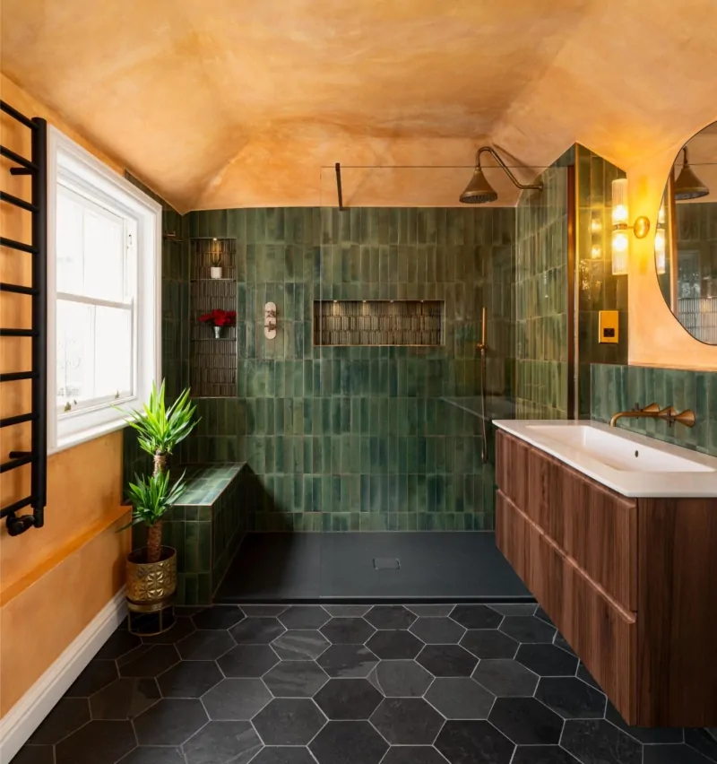 Contemporary bathroom with deep green tiles, timber vanity and copper ceiling