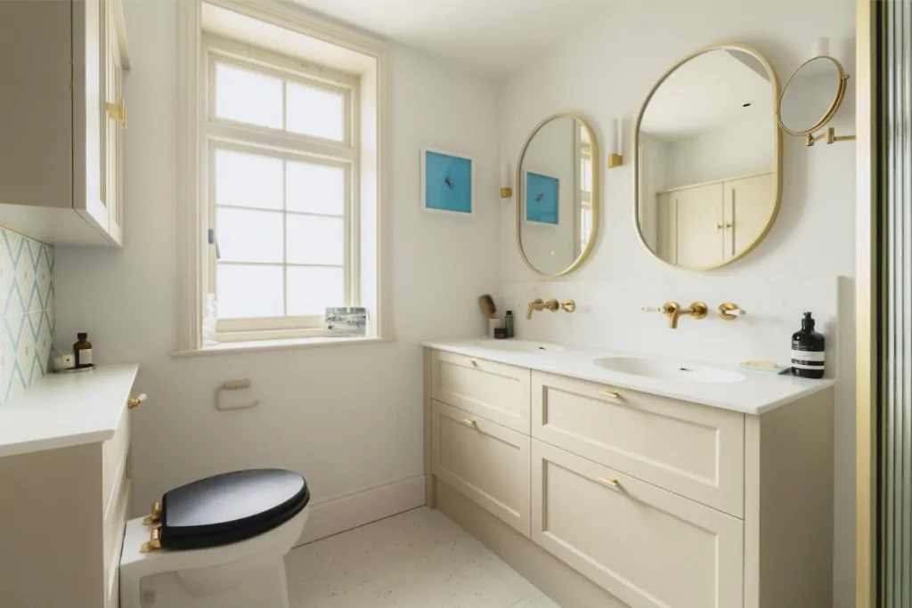 Double bathroom vanity with round mirrors, white cabinetry and brass taps