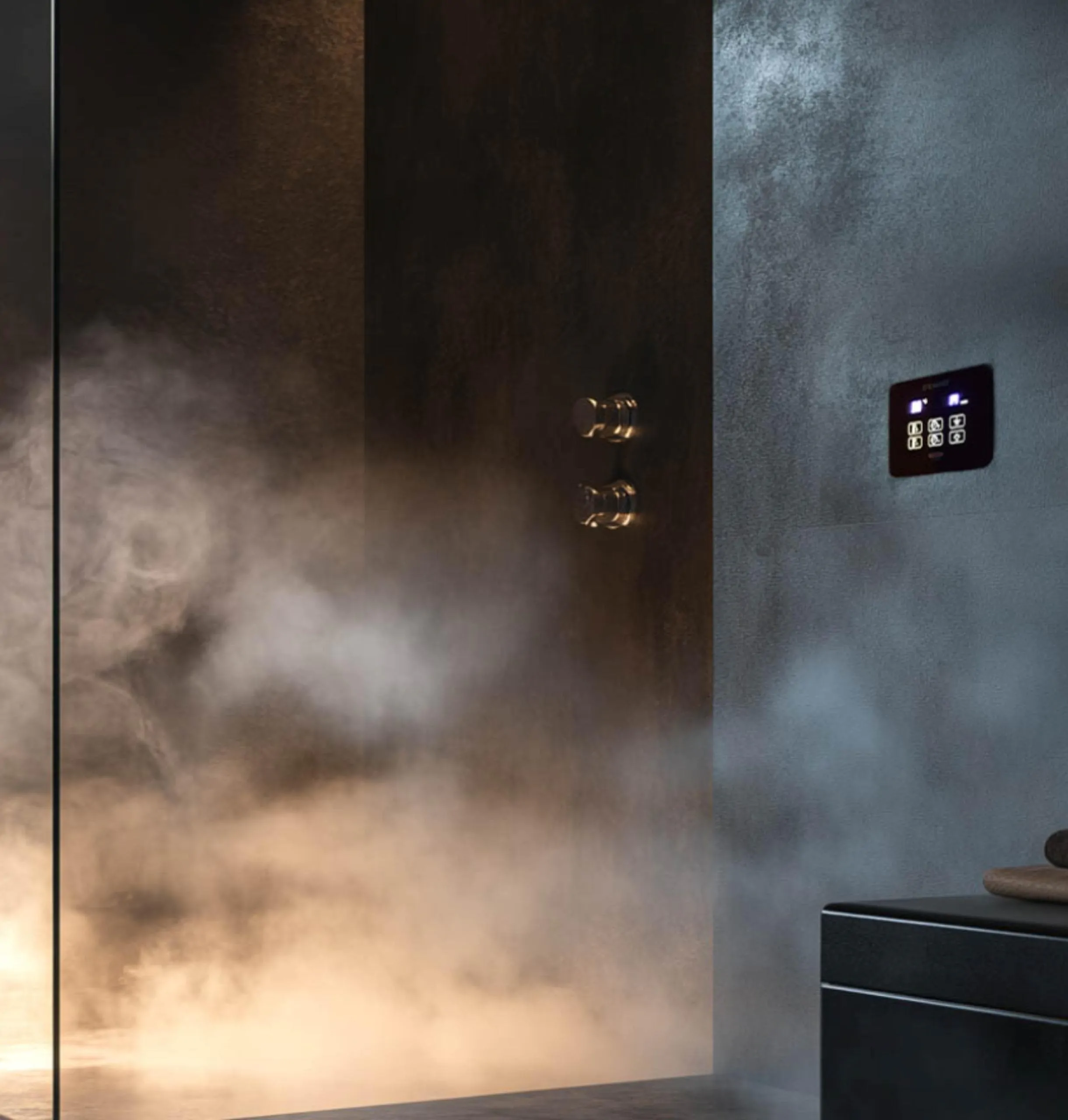 Contemporary steam shower filled with steam and digital controls
