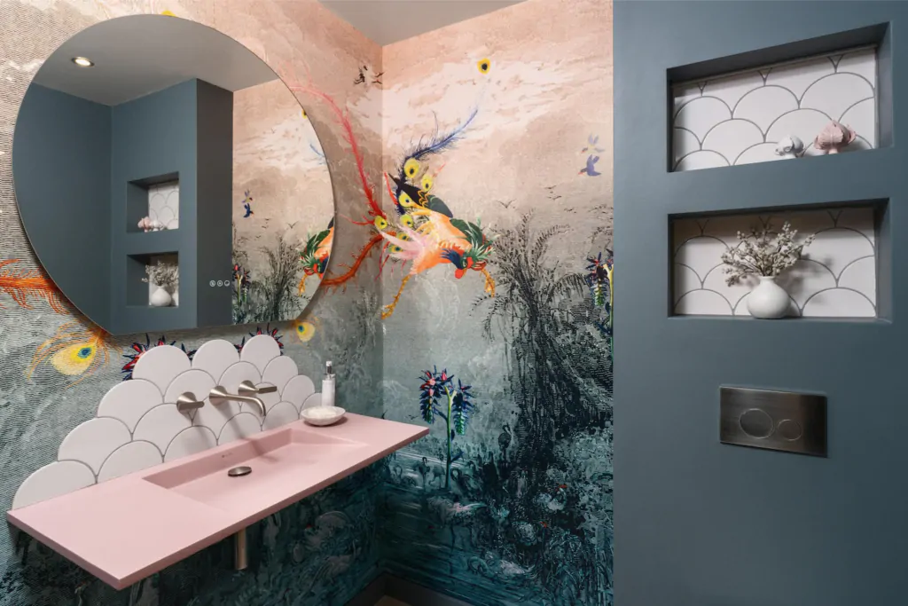 Bespoke bathroom vanity with artistic feature wall and contemporary mirror