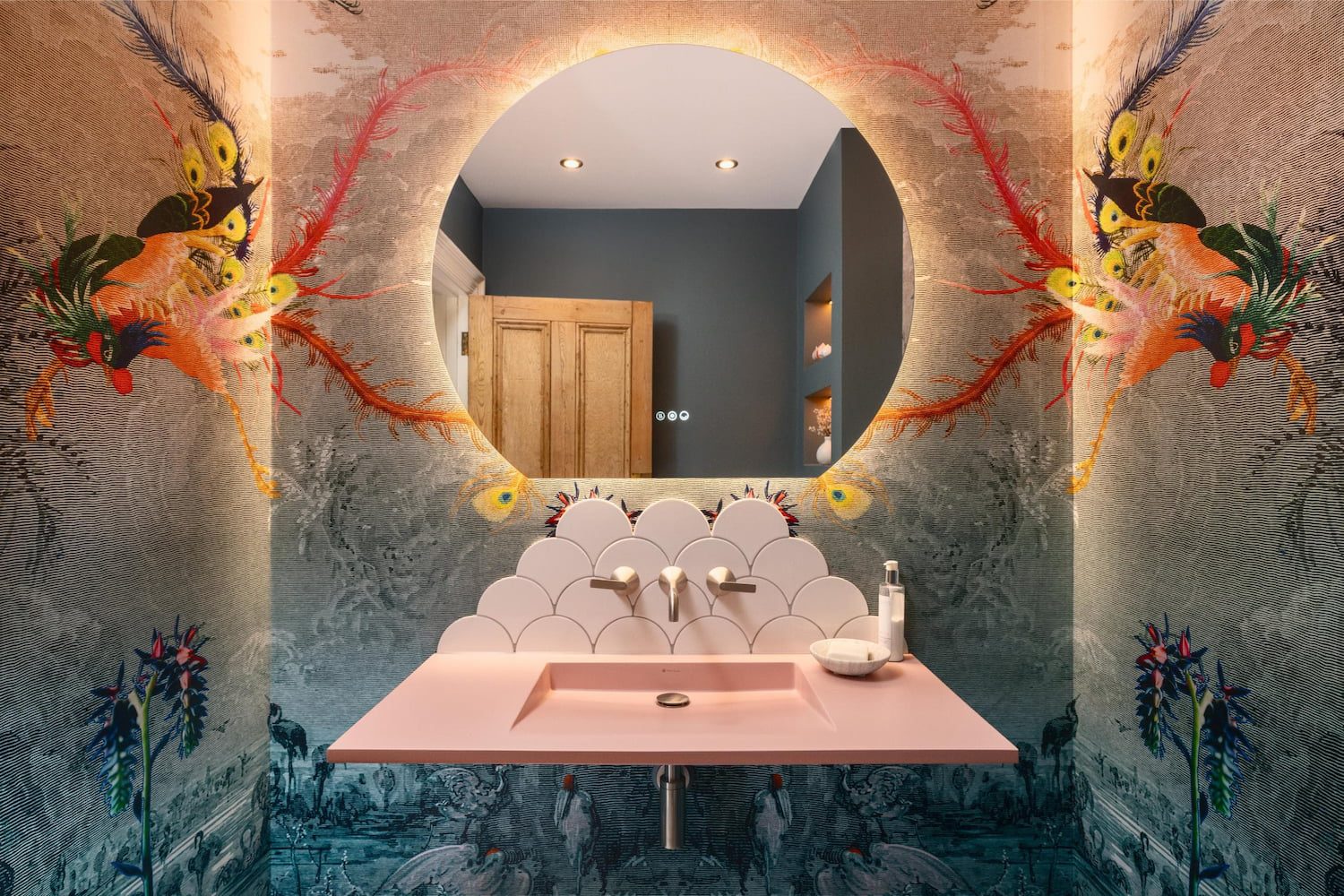 Contemporary vanity with round mirror and colourful statement wall finish